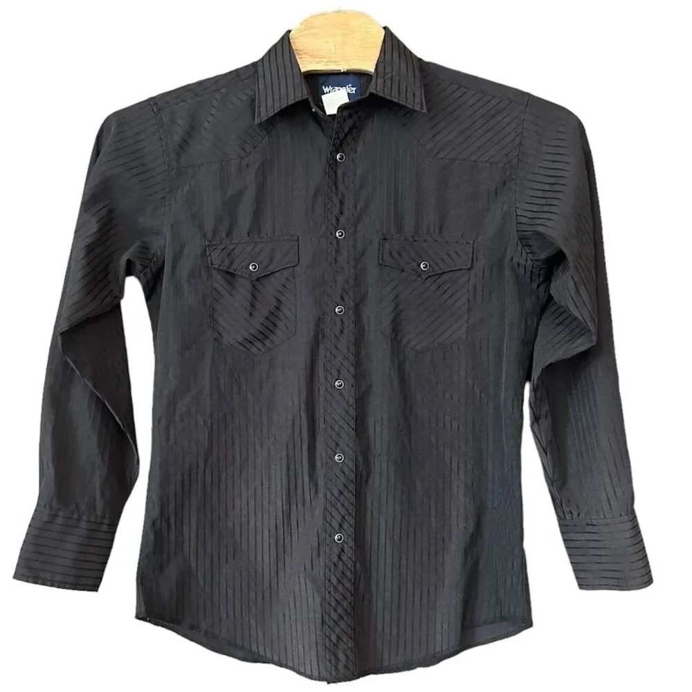 Vintage Wrangler Black Stripe Pearl Snap Long Sleeve Western Shirt Mens M - Picture 2 of 5